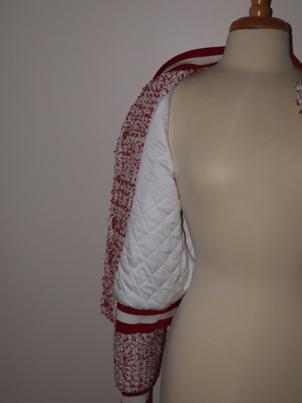 ALICE + OLIVIA Keri Varsity Jacket in Off White/Raspberry - Picture 5 of 5